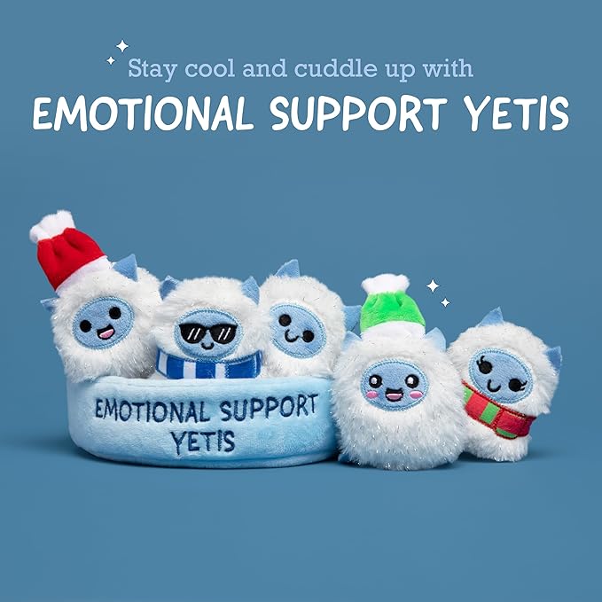 WHAT DO YOU MEME? Emotional Support Yetis by Relatable, Cuddly Stuffed Animals, Plushies, and Cute Stuff, Great Gift Ideas for Loved Ones of All Ages, Includes 5 Plushies with Carrying Basket