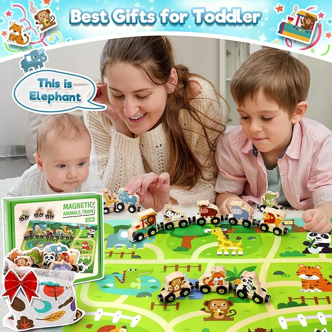 Montessori Toys for 1 2 3 Year Old Boys, Toddler Toy 2-3 Years Girls Boy Gifts Magnetic Wooden Train Kids Toys for Ages 2-4 Preschool Learning Activities Farm Animals with Track Mat