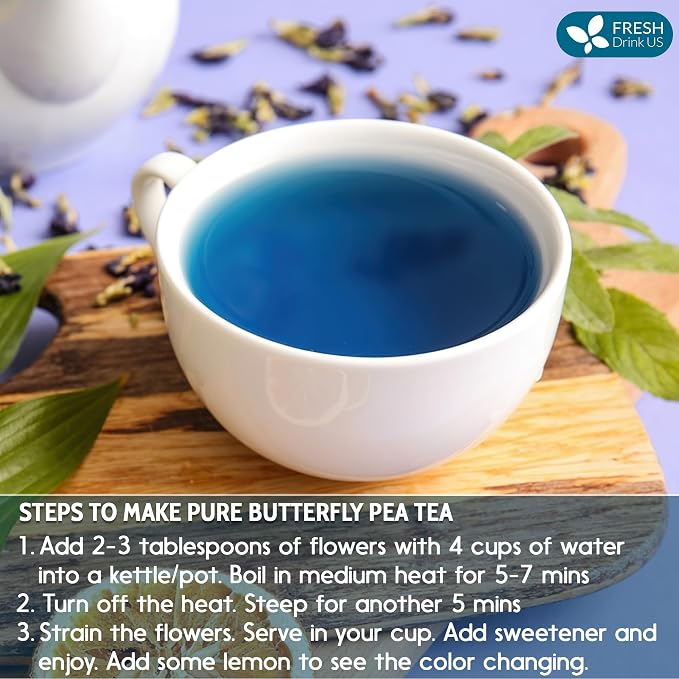 FreshDrinkUS, Premium 16oz Blue Butterfly Pea Flowers Dried – Premium Whole Flower Herbal Tea – Vibrant Blue Natural Color – Caffeine-Free Loose Flower Tea. Vegan