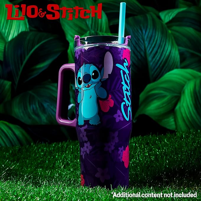 Disney Stitch Insulated Tumbler Travel Mug 33oz Stainless Steel Water Bottle with Handle and Straw Thermal Double Wall Vacuum Insulation Drinks for Hot Cold Ice Cupholder Compatible