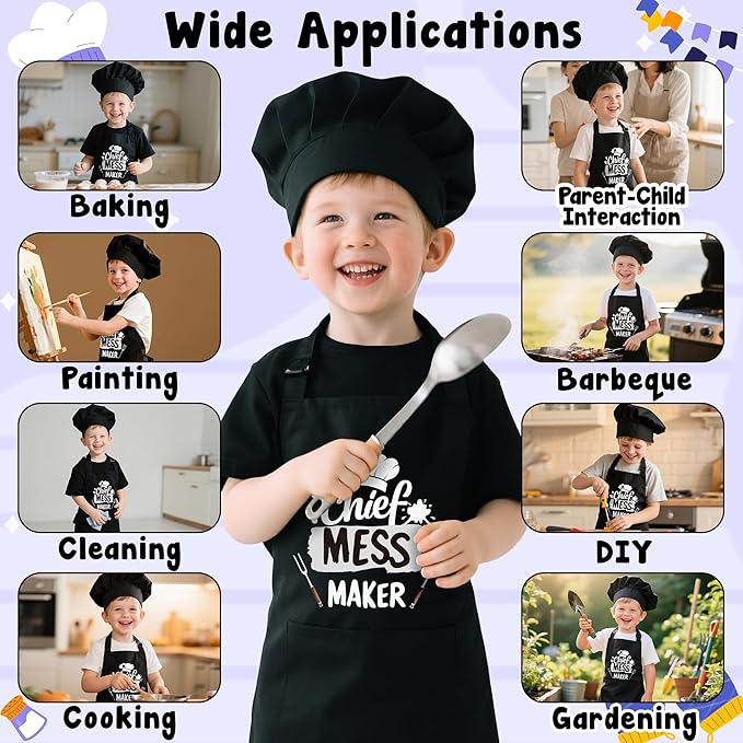 R HORSE Kid Apron and Chef Hat Set - 2Pcs Black Chief Mess Maker Adjustable Children Kitchen Toddler Apron with Pockets, Pretend Play Toy Birthday Christmas Gift for Kids Cooking Baking Painting