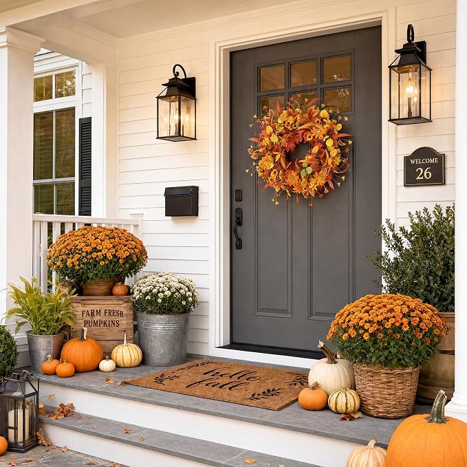 20" Fall Wreath Front Door Artificial Daisy Wall Decor Farmhouse Autumn Wreath Thanksgiving Home Porch Outdoor Indoor Holiday Harvest Decor