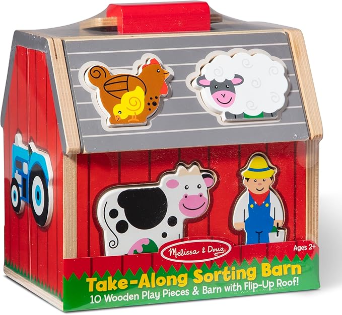 Melissa & Doug Take-Along Wooden Toy Barn, 11-Pc Portable Toddler Playset with Farm Animals & Pop-Up Roof, Preschool Learning Toys for Girls & Boys 2+