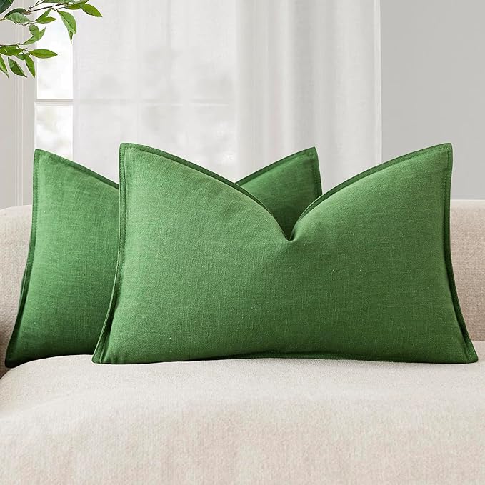 Foindtower Pack of 2, Decorative Linen Solid Throw Pillow Covers Soft Accent Lumbar Cushion Case Boho Farmhouse Pillowcase for Chair Couch Sofa Bedroom Living Room Home Decor 12 x 20 Inch Forest Green