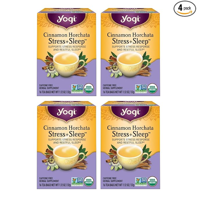 Yogi Tea Cinnamon Horchata Stress & Sleep - 16 Tea Bags per Pack (4 Packs) - Organic Sleep Tea - Supports a Restful Sleep - Includes Ashwagandha, Passionflower & Apple Cider Vinegar
