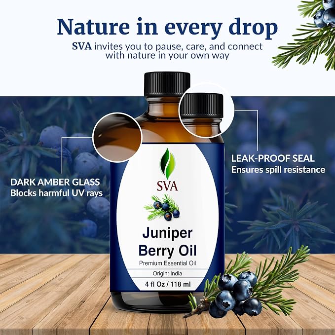 SVA Juniper Berry Essential Oil 4 Fl Oz – for Diffuser, Skin & Hair Care – Ideal for Massage & DIY Blends - with Dropper