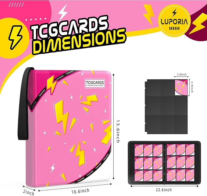 Trading Card Binder 9 Pocket,900 Pocket Card Collection Binder with 50 Removable Sleeves,PU Waterproof Top Card Book,3-Ring Zipper Collectible Trading Card Album for MTG/TCG/Card Holder Gift（Pink）