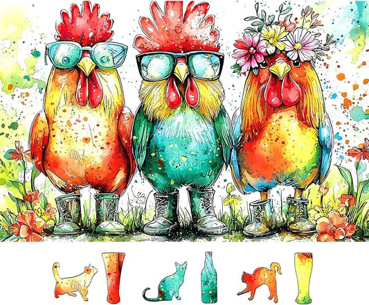 Colorful Roosters 500 Piece Puzzles for Adults Watercolor Farm Animal Jigsaw Puzzles Fun Roosters Wearing Sunglasses Puzzle with Letters on Back Challenging Family Seniors Puzzle (23"X15")