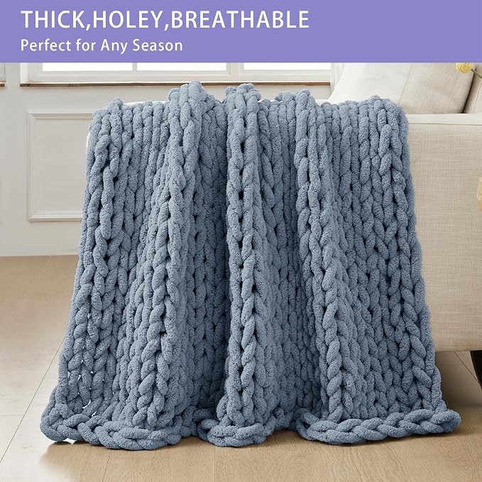 Bigacogo Chunky Knit Throw Blanket for Couch, 40x80 inches, Cold Sea Blue | Hand Knit with Jumbo Chenille, Soft Breathable Cable Knit for Sofa Bed Living Room, Machine Washable, Gift for Mom Friend