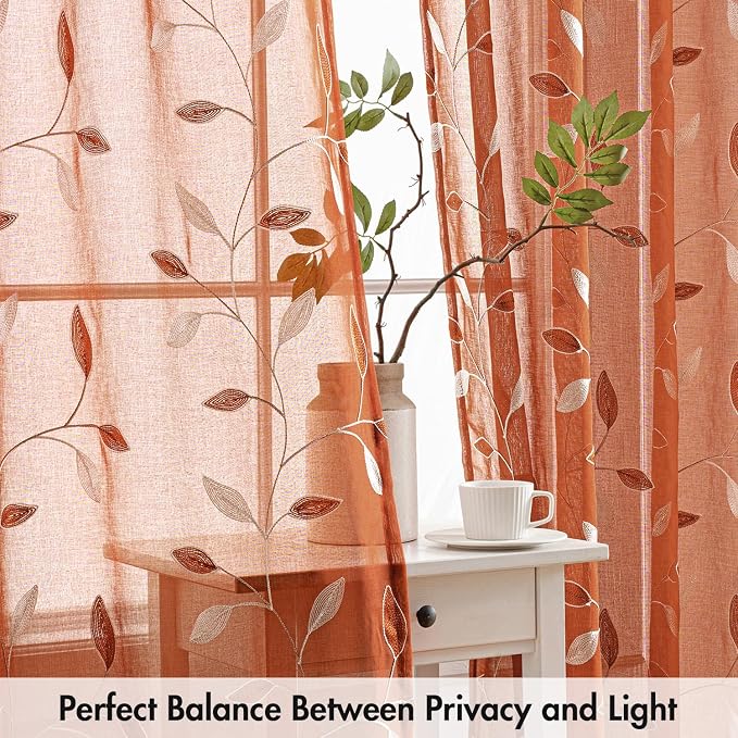 MIULEE Burnt Orange Sheer Curtains 2 Panels Embroidered Leaf Patterned Rod Pocket Floral Semi Faux Linen Short Fall Window Curtains Drapes Set for Kitchen Living Room Bedroom, 52x54 Inches Length