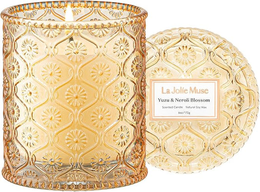 LA JOLIE MUSE Yuzu Neroli Scented Candles for Home, Natural Soy Wax 40 Hrs | Luxury Fresh Jar Candle, Clean Non Toxic, Gift for Women & Men, Spring Summer Candles, Pretty Candle, Citrus Orange Spearmint