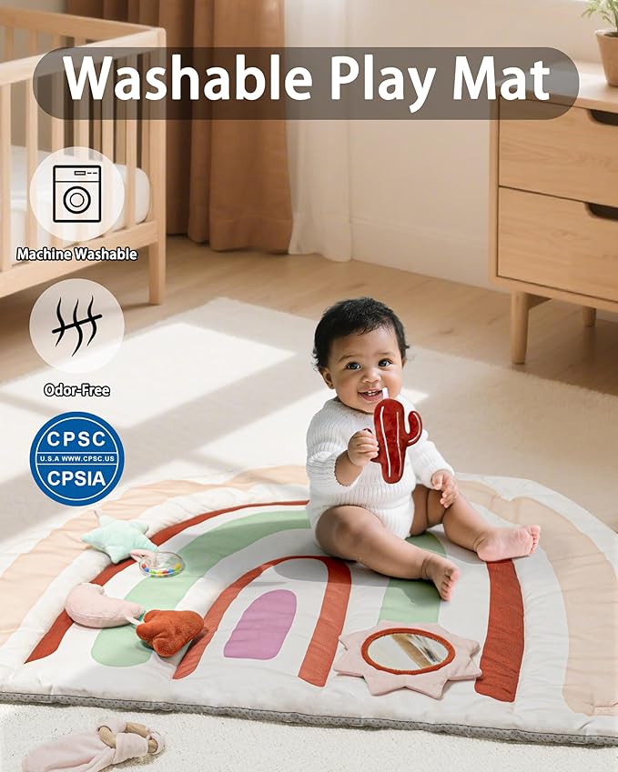 Baby Play Gym & Washable Activity Mat, Non Slip Bottom Tummy Time Mat with 5 Detachable Sensory Toys for Motor Skills, Newborn Infant Baby Essentials Shower Gift(Rainbow)