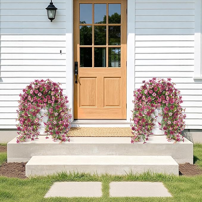 Artificial Fake Hanging Flowers Plants for Outdoor Spring Summer Decoration | 2 PCS Faux Silk Daisy with Eucalyptus Leaves,UV Resistant Look Real for Outside Home Planter Porch Patio Balcony Yard Decor