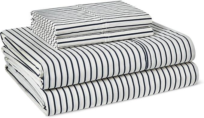 Amazon Basics 100% Organic Cotton Kids' Sheet Set with Pillowcase, Full Size, Navy Stripe