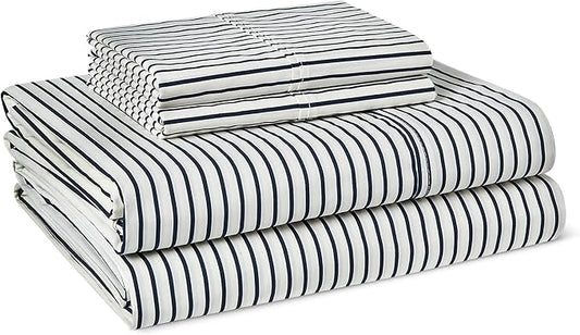 Amazon Basics 100% Organic Cotton Kids' Sheet Set with Pillowcase, Full Size, Navy Stripe