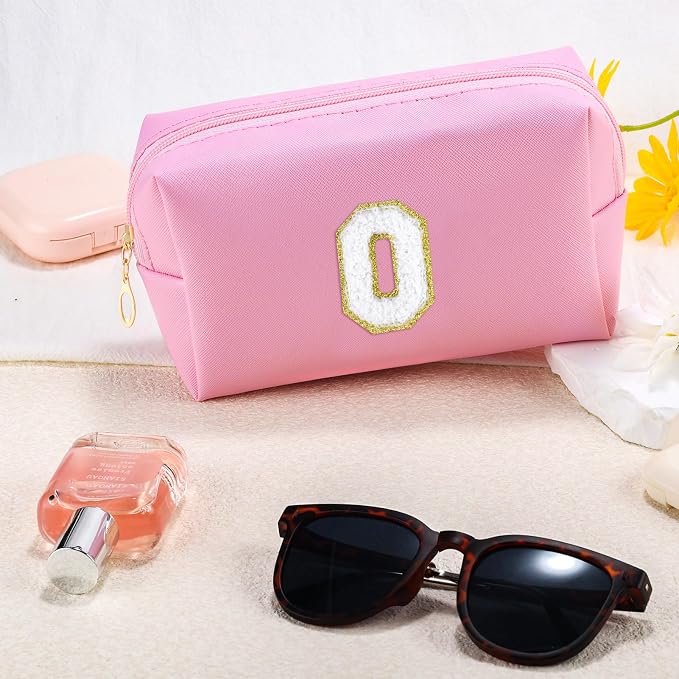URSKYTOUS Initial Makeup Bag Personalized Preppy Travel Small Cosmetic Bag Cute PU Pink Chenille Letter Makeup Pouch for Purse Waterproof Zippered Toiletry Organizer for Women Girls Kids Friends (O)