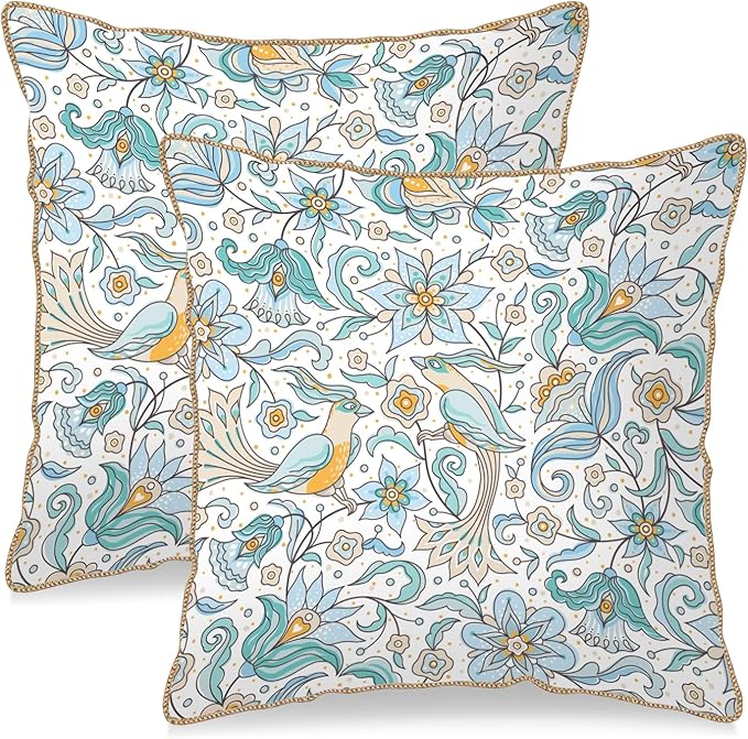 KSLIDS Vintage Floral Soft Velvet Throw Pillow Covers Set of 2 Blue Yellow Flower Birds Decorative Pillow Covers 18x18 Inch Chinoiserie Country Pillow Case for Sofa Couch Bedroom Farmhouse Home Decor