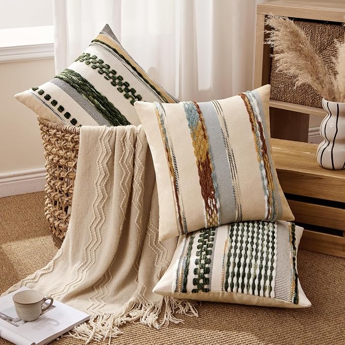 ANRODUO Boho Decorative Pillow Covers 18x18 Blue-Earth Tones Pack of 1 | Throw Pillow Covers, Farmhouse Cushion Case, Chenille Pillow Cases, Pillow Covers, Neutral Pillowcase for Sofa Couch Bed