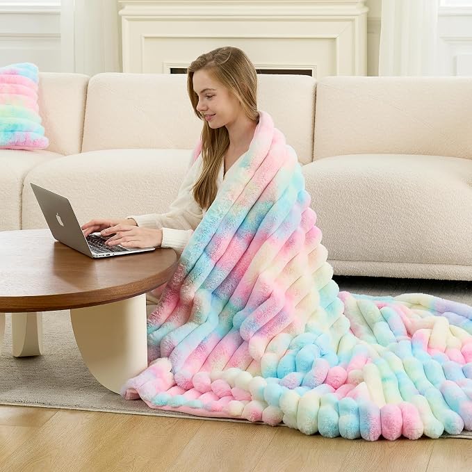 Cozy Bliss Faux Fur Throw Blanket for Couch, Cozy Warm Plush Striped Blanket for Sofa Bedroom Living Room, 50 * 60 Inches Tie-dye Rainbow