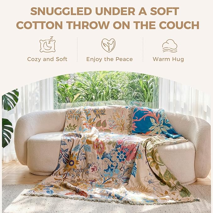 LUTBM Boho Throw Blanket for Bed 60"x80", All Season Cotton Couch Blankets | Reversible Floral Leaves Jacquard, All-Season Twin Lightweight Breathable Quilt, For Chair Sofa Bedroom Living Room Decor