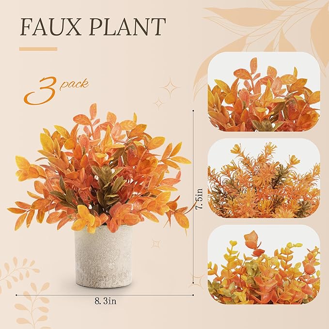 Der Rose 3 Pack Fake Plants Warm Orange Faux Plants for Fall Table Decor | Orange maple-toned eucalyptus, lightweight and compact, maintenance-free, autumn accents for shelf kitchen bedroom entryway