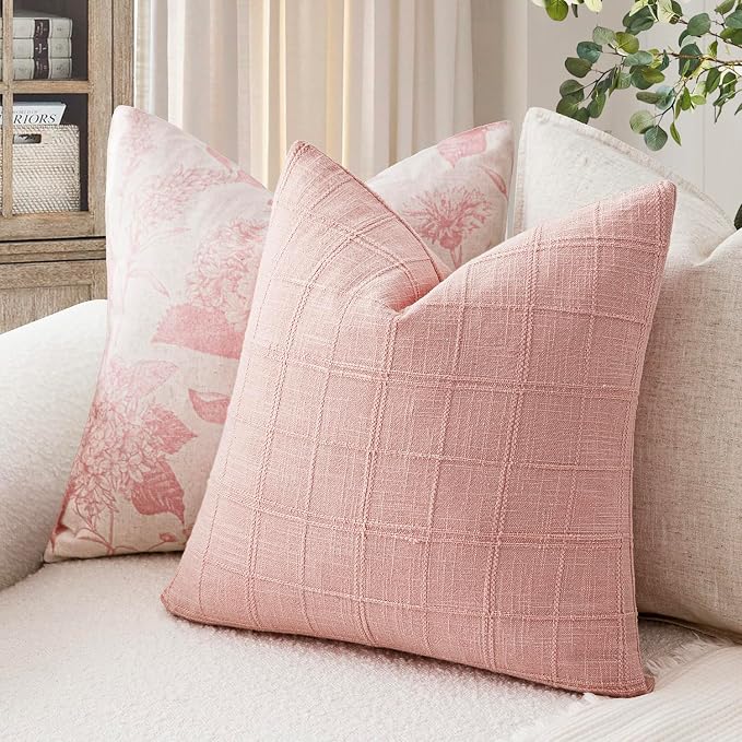 Foindtower Set of 2 Decorative Linen Check Throw Pillow Covers Neutral Farmhouse Vintage Cushion Covers Modern Boho Accent Home Decor for Sofa Chair Couch Bedroom Living Room,26×26 Inch,Light Pink