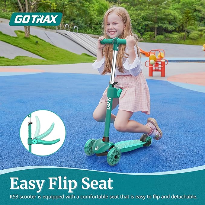 Gotrax KS3 Kids Kick Scooter, LED Lighted Wheels, Adjustable Height Handlebars and Removable Seat, Lean-to-Steer & Widen Anti-Slip Deck, 3 Wheel Scooter for Kids Ages 2-8 and up to 110 Lbs