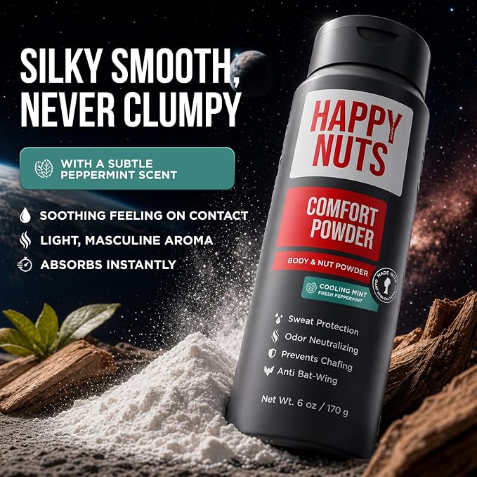HAPPY NUTS Comfort Powder - Anti Chafing & Deodorant, Aluminum-Free, Sweat and Odor Control for Jock Itch, Groin and Men's Private Parts 6oz (6 Ounce (Pack of 1), Cooling Mint)