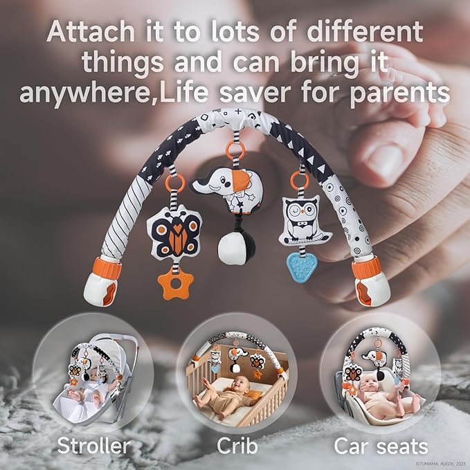 TUMAMA Car Seat Toys for Babies 0-6 Months, Stroller Toys for Infant 0-6 Months, Newborn Sensory Hanging Rattle Arch Toy with Butterfly Elephant Owls,Musical Toy for Baby 6-12 Months