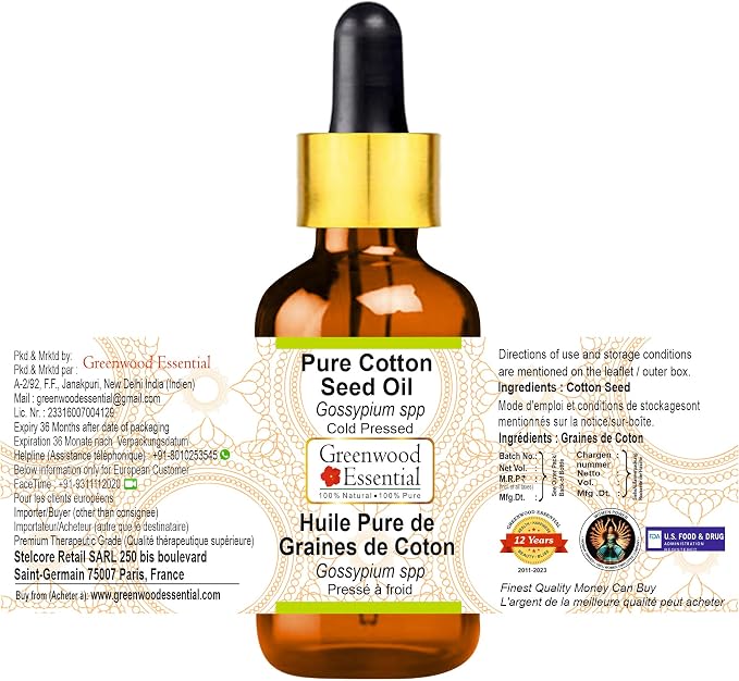Greenwood Essential Cotton Seed Oil (Gossypium spp) with Glass Dropper | Cold Pressed | Natural | Undiluted | For Diluting Essential Oils | For Skin & Massage | Men & Women | 50ml (1.69 oz)