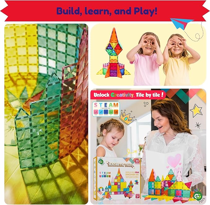 Magnetic Tiles 90 PCS Rainbow Castle Set Magnetic Blocks, Montessori 3D STEM Building Blocks, Sensory for Kids Ages 3-9, Educational and Preschool Toys, Gift for Toddlers, Girls & Boy