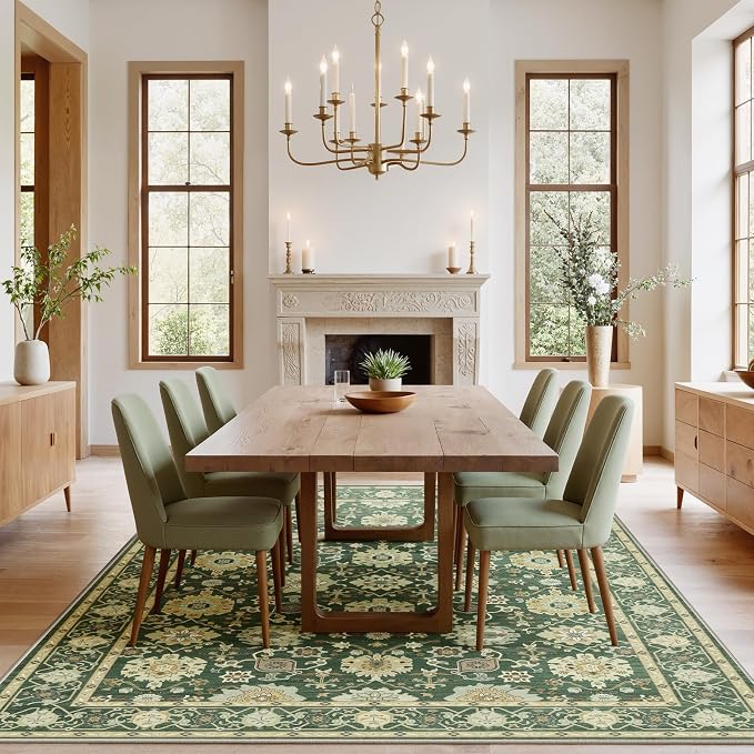 AMADA HOMEFURNISHING 5x7 Area Rug for Living Room, Vintage Washable Area Rug Low-Pile & Non-Slip Carpet for Bedroom Dining Room Nursery Home Office, Olive Green