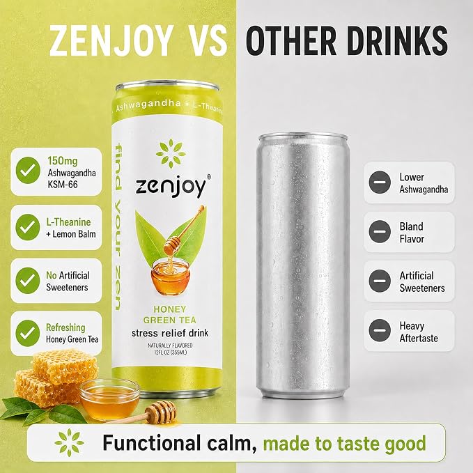 Adaptogen Drink Stress Relief Tea | Non Alcoholic Calming Drink w/Ashwagandha, Lemon Balm & L-Theanine for Focus | Stress Tea Calming Social Mocktail with Adaptogens (12 Pack, Honey)