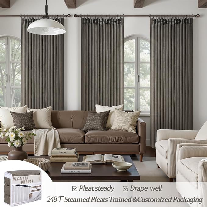 Pinch Pleated Chocolate Tart Semi Sheer Curtains 84 Inches Long for Living Room, Memory Trained Natural Linen Farmhouse Curtain Light Filtering Privacy Thick Drapes Bedroom Windows Burg 2 Panels Set