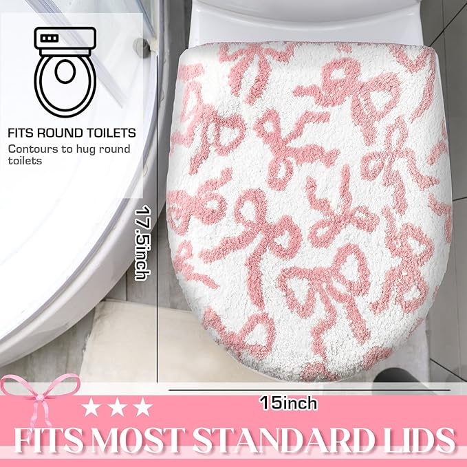 Pink Bow Toilet Lid Cover Washable Coquette Cute Plush Toilet Cover for Bathroom Decor Soft Microfiber 17.5 x 15 Inch Non Slip Rubber Backing Fits Most Round, Elongated