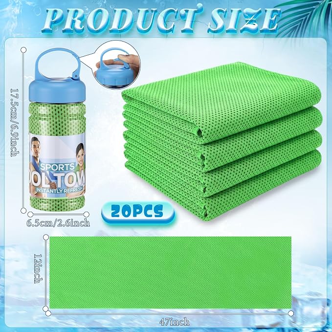 Honoson 20 Pcs Cooling Towels for Neck and Face, 47"x12" Sports Breathable Ice Towels Microfiber Chilly Sweat Rags with Portable Bottle for Gym Golf Athletes Yoga Workout Hot Weather (Green)