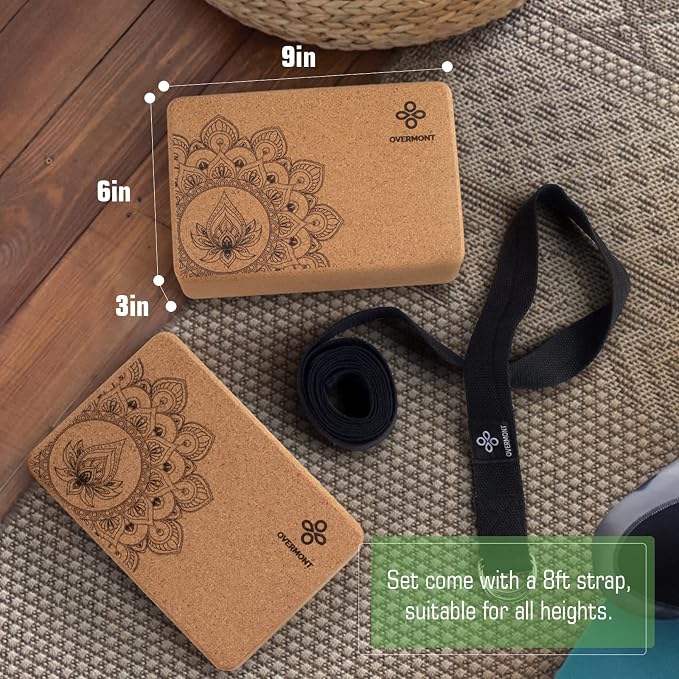 Overmont Cork Yoga Blocks 2 pack with 8ft Strap Natural Cork Bricks | High Density & Eco Friendly Yoga Accessories for Women - Ideal for Yoga Pilates General Fitness and Stretching 9x6x3''