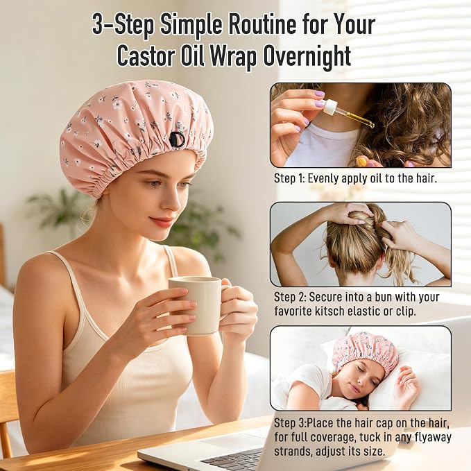 Castor Oil Pack Wrap Organic Cotton for Hair Growth, Overnight Hair Wrap for Sleep, Reusable Hair Mask Cap for Castor Oil Treatment of Balding,Thinning Dry and Damaged Hair(Oil Not Included) Flowers,S
