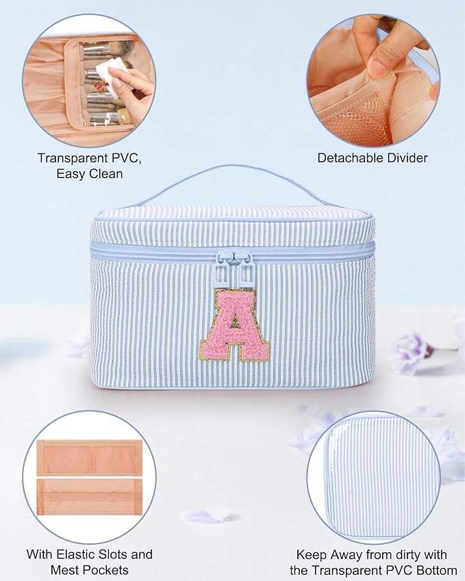 MONSTINA Initial Makeup Bag with Brush Holder and Divider,Birthday Gifts for 4 5 6 7 8 9 10 11 12 Year Old Girls, Personalized Preppy Cosmetic Bag |Cute Toiletry Bag,2PCS,Blue J