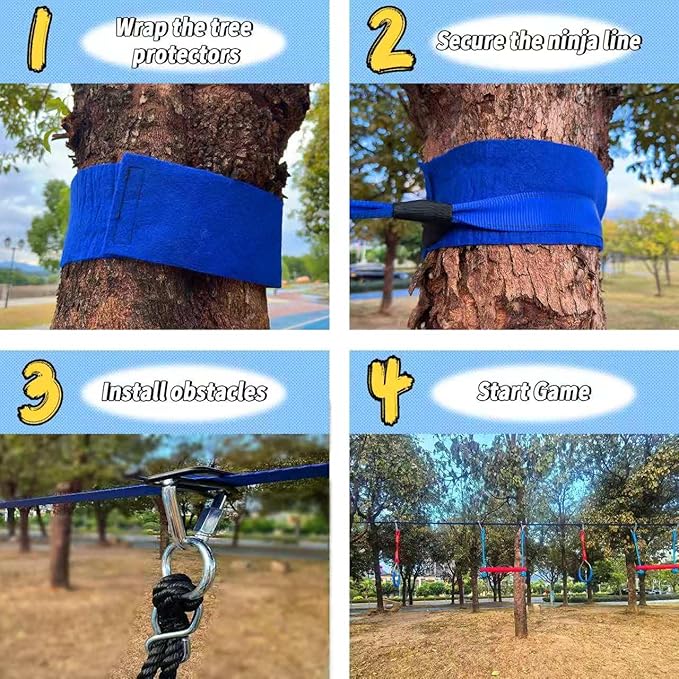 Ninja Warrior Obstacle Course for Kids Backyard-1×50ft Slackline Kit with 10 Most Complete Accessories for Boys & Girls, Rope Ladder, Gymnastic Ring, Arm Trainer and Monkey Fist