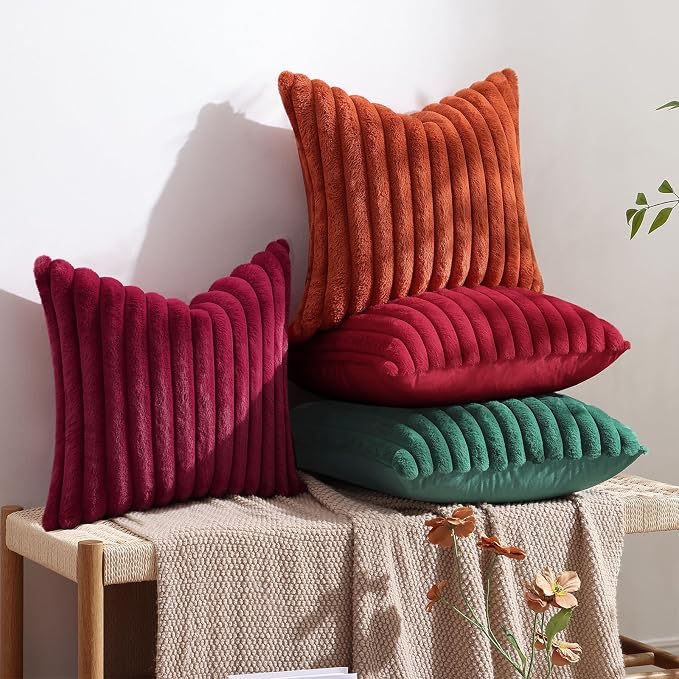 decorUhome Fall Faux Fur Throw Pillow Covers 12x20 Set of 2 Christmas Green | Decorative Soft Cozy Striped Plush Modern Farmhouse Boho Couch Pillow Cases Velvet Back for Sofa Bed Living Room Home Decor