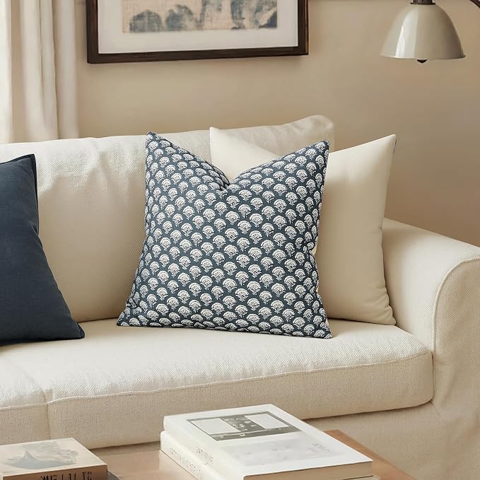MIULEE Floral Print Decorative Pillow Covers 18x18, Dusty Blue | Vintage Boho Farmhouse Modern Home Decor, Set of 2, Block Print Cushion Covers for Couch Sofa Bed Living Room