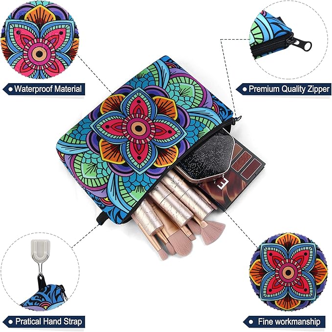 MAGEFY Makeup Bag, 2 Styles Travel Cosmetic Bag for Women Cosmetic pouch Elegant Blue Patterns Zipper Pouch Waterproof Makeup Pouch Cute (2 Packs, Peacock feather + Mandala pattern 0179)