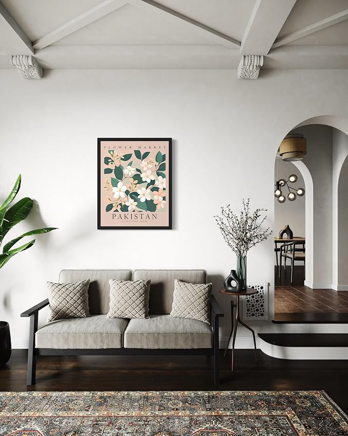 Pakistan, Jasmine Black Framed Art Print Poster, Flower Market Wall Art, Floral Artwork Decor for Bedroom, Kitchen, Bathroom, Livingroom Decoration 52 (Pakistan, Jasmine, 10"L x 8"W, Black Frame)
