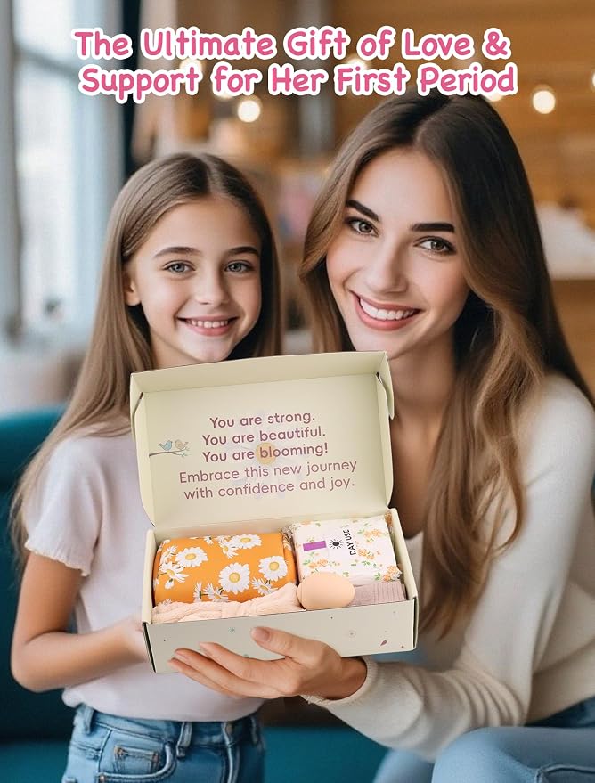 First Period Gift Kit for Girls 9-12 | Complete Tween Period Set with Daisy Yellow Bag, Leak-Proof Panties, Teen Pads, Wipes, Diary, Nail Stickers & More – Perfect for School & Travel (M)