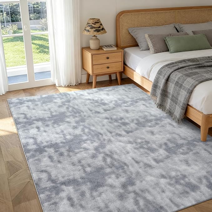 FinRèc 4x6 Washable Area Rugs for Bedroom Living Room, Low Pile Thin Ultra Soft Shag Rug, Non-Slip Carpet Indoor for Home Decor (Tie-dye Grey)