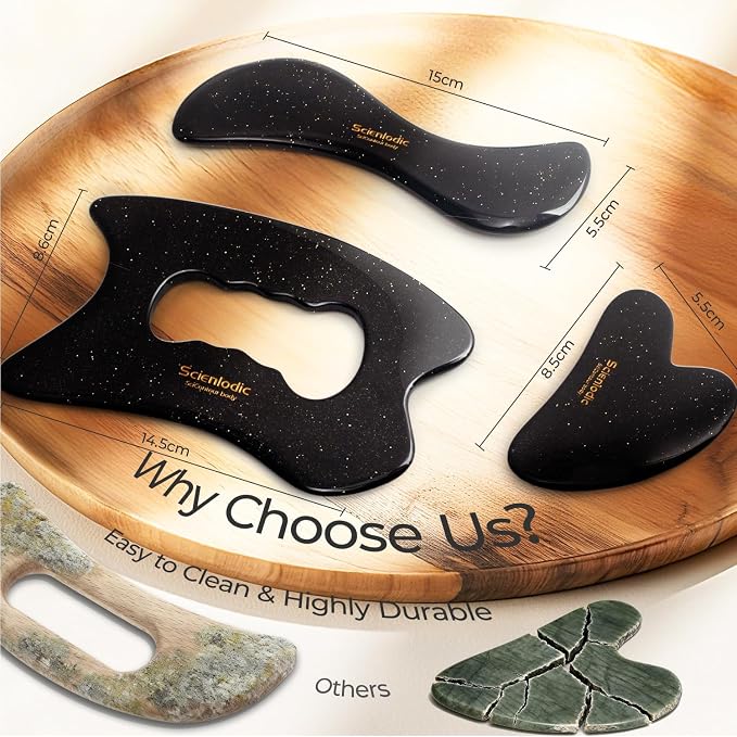 Scienlodic 3 Pcs Gua Sha Massage Tools for Face & Body (Black Gold, Resin) - Scraping Tools for Back, Legs & Muscle Relaxation, Guasha Facial Tool for Jawline Contouring & Puffiness Reduction