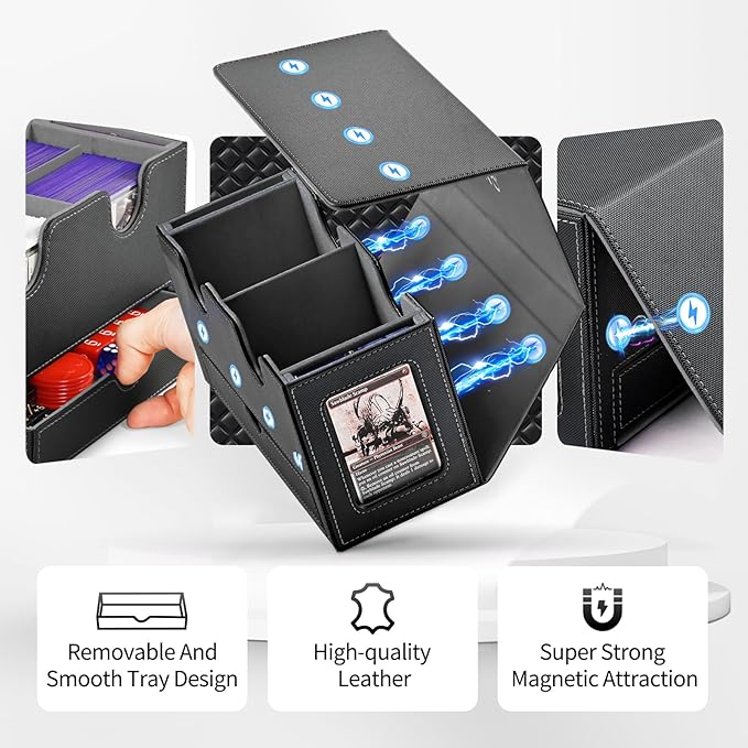 UAONO Card Deck Box for MTG, Double Storage Box with 2 Commander Display & 1 Dice Tray, Fits 200+ Double Sleeved, Organizer for CCG TCG Sports(Black Gray)