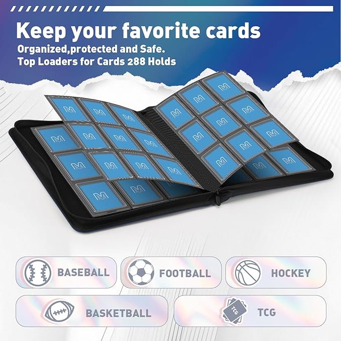 Toploader Binder,Trading Card Binder Storage Hold up 288 Cards 9-Pocket Top Loader Binder with Sleeves for 3"x4" Rigid Toploaders Hard Cases (9Navy Blue)