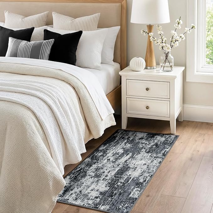 RELEANY Washable 2'x5' Abstract Area Rug for Living Room Black White | carpet for bedroom, kitchen, office, hallway and entryway, printed pattern, non-slip, soft, stain-resistant, easy to clean